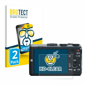 Front side of a product packaging with the brand logo BROTECT. Next to it is the device Sony Cyber-Shot DSC-HX60 shown with th