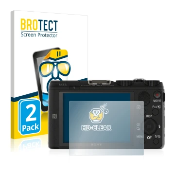 Front side of a product packaging with the brand logo BROTECT. Next to it is the device Sony Cyber-Shot DSC-HX60V shown with t