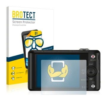 Front side of a product packaging with the brand logo BROTECT. Next to it is the device Sony Cyber-Shot DSC-WX220 shown with t