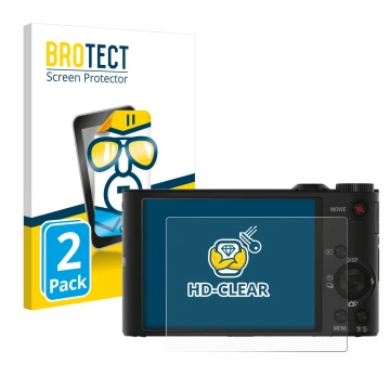 Front side of a product packaging with the brand logo BROTECT. Next to it is the device Sony Cyber-Shot DSC-WX350 shown with t