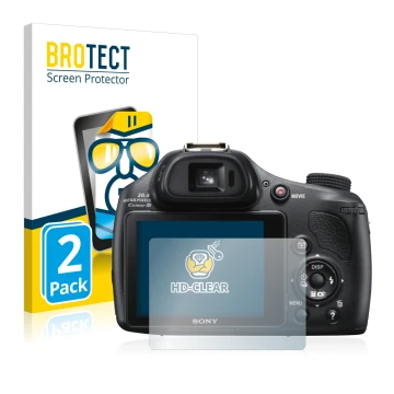 Front side of a product packaging with the brand logo BROTECT. Next to it is the device Sony Cyber-Shot DSC-HX400V shown with 