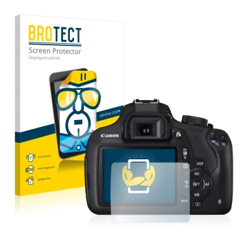 Front side of a product packaging with the brand logo BROTECT. Next to it is the device Canon EOS 1200D shown with the corresp