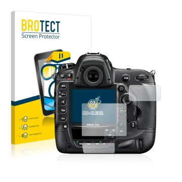 Front side of a product packaging with the brand logo BROTECT. Next to it is the device Nikon D4S shown with the corresponding
