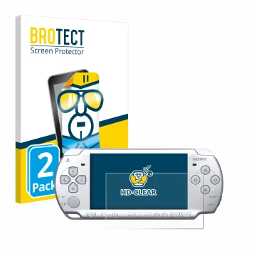 Front side of a product packaging with the brand logo BROTECT. Next to it is the device Sony PSP 2004 shown with the correspon