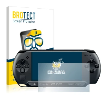 Front side of a product packaging with the brand logo BROTECT. Next to it is the device Sony PSP 2000 shown with the correspon