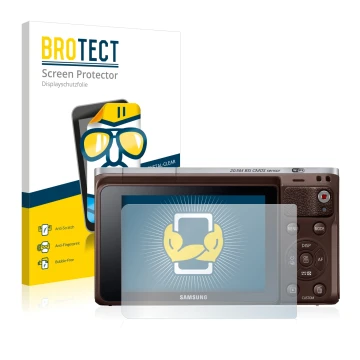 Front side of a product packaging with the brand logo BROTECT. Next to it is the device Samsung NX Mini shown with the corresp
