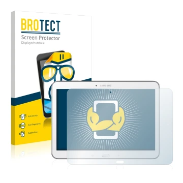 Front side of a product packaging with the brand logo BROTECT. Next to it is the device Samsung Galaxy Tab 4 10.1 SM-T530 show