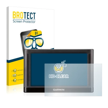 Front side of a product packaging with the brand logo BROTECT. Next to it is the device Garmin nüvi 55LT shown with the corres