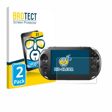 Front side of a product packaging with the brand logo BROTECT. Next to it is the device Sony Playstation PS Vita Slim shown wi