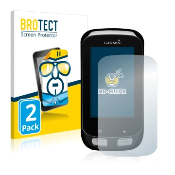 Front side of a product packaging with the brand logo BROTECT. Next to it is the device Garmin Edge 1000 shown with the corres