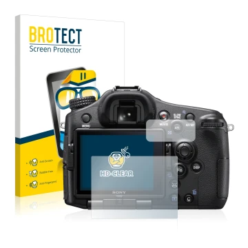 Front side of a product packaging with the brand logo BROTECT. Next to it is the device Sony Alpha 77 II (SLT-A77 II) shown wi
