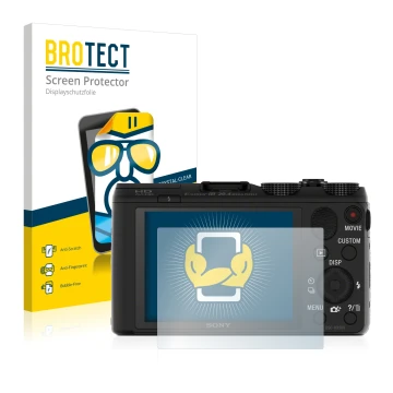Front side of a product packaging with the brand logo BROTECT. Next to it is the device Sony Cyber-Shot DSC-HX50 shown with th