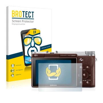 Front side of a product packaging with the brand logo BROTECT. Next to it is the device Samsung NX3000 shown with the correspo