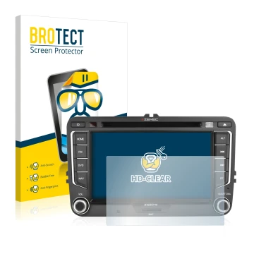 Front side of a product packaging with the brand logo BROTECT. Next to it is the device Zenec Z-E2015 shown with the correspon