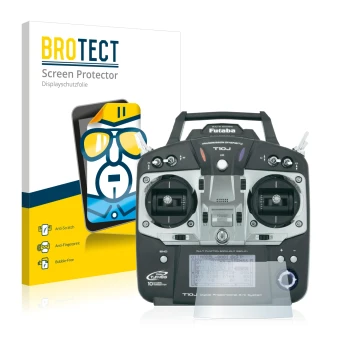 Front side of a product packaging with the brand logo BROTECT. Next to it is the device Robbe Futaba T10J shown with the corre