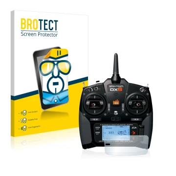 Front side of a product packaging with the brand logo BROTECT. Next to it is the device Spektrum DX6 shown with the correspond