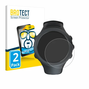 Front side of a product packaging with the brand logo BROTECT. Next to it is the device Suunto Ambit3 Sport Black shown with t
