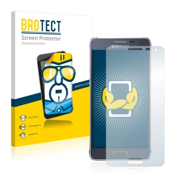 Front side of a product packaging with the brand logo BROTECT. Next to it is the device Samsung Galaxy Alpha SM-G850F shown wi