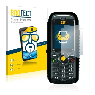 Front side of a product packaging with the brand logo BROTECT. Next to it is the device Caterpillar Cat B25 shown with the cor