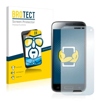 Front side of a product packaging with the brand logo BROTECT. Next to it is the device Samsung Galaxy S5 Mini SM-G800F shown 