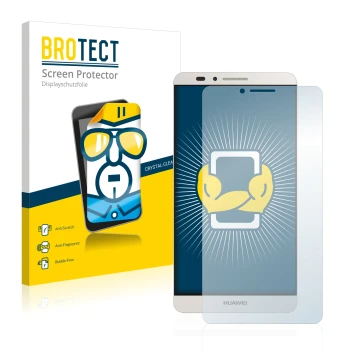 Front side of a product packaging with the brand logo BROTECT. Next to it is the device Huawei Ascend Mate 7 shown with the co