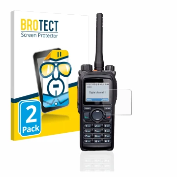 Front side of a product packaging with the brand logo BROTECT. Next to it is the device Hytera PD785 shown with the correspond