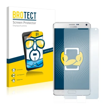 Front side of a product packaging with the brand logo BROTECT. Next to it is the device Samsung Galaxy Note 4 shown with the c