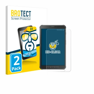 Front side of a product packaging with the brand logo BROTECT. Next to it is the device Samsung Galaxy Tab Active SM-T365 show