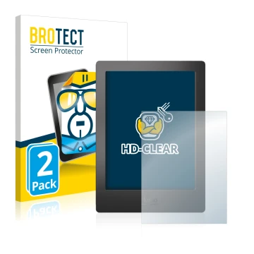 Front side of a product packaging with the brand logo BROTECT. Next to it is the device Kobo Aura H2O shown with the correspon