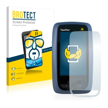 Front side of a product packaging with the brand logo BROTECT. Next to it is the device CompeGPS TwoNav Anima shown with the c