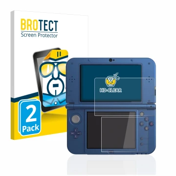 Front side of a product packaging with the brand logo BROTECT. Next to it is the device Nintendo New 3DS XL shown with the cor