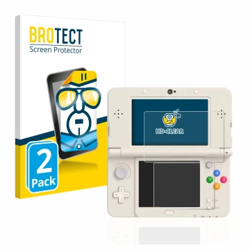 Front side of a product packaging with the brand logo BROTECT. Next to it is the device Nintendo New 3DS shown with the corres