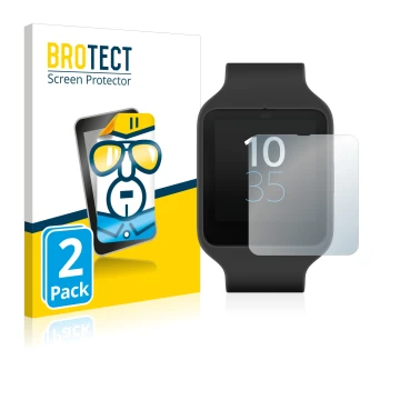 Front side of a product packaging with the brand logo BROTECT. Next to it is the device Sony Smartwatch 3 SWR50 shown with the