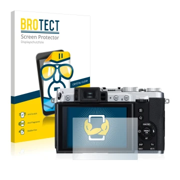 Front side of a product packaging with the brand logo BROTECT. Next to it is the device Fujifilm X30 shown with the correspond