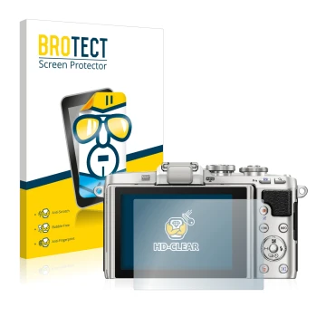 Front side of a product packaging with the brand logo BROTECT. Next to it is the device Olympus PEN E-PL7 shown with the corre