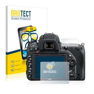 Front side of a product packaging with the brand logo BROTECT. Next to it is the device Nikon D750 shown with the correspondin