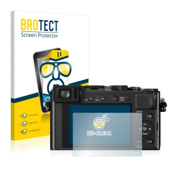 Front side of a product packaging with the brand logo BROTECT. Next to it is the device Panasonic Lumix DMC-LX100 shown with t