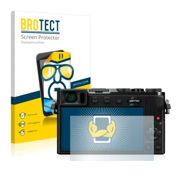 Front side of a product packaging with the brand logo BROTECT. Next to it is the device Panasonic Lumix DMC-GM5 shown with the