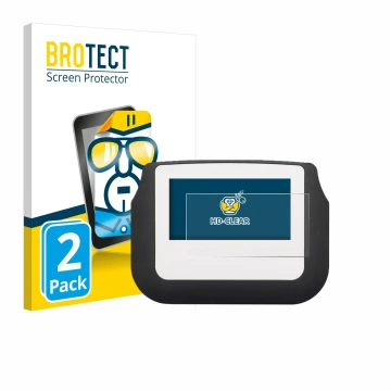 Front side of a product packaging with the brand logo BROTECT. Next to it is the device Signotec Signature Pad Sigma shown wit