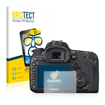 Front side of a product packaging with the brand logo BROTECT. Next to it is the device Canon EOS 7D Mark II shown with the co