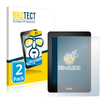 Front side of a product packaging with the brand logo BROTECT. Next to it is the device Amazon Kindle Voyage shown with the co