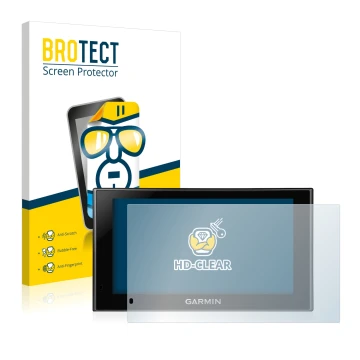 Front side of a product packaging with the brand logo BROTECT. Next to it is the device Garmin nüvi 2599LMT-D shown with the c