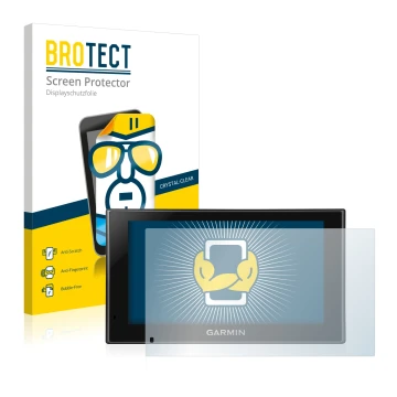 Front side of a product packaging with the brand logo BROTECT. Next to it is the device Garmin nüvi 2699LMT-D shown with the c