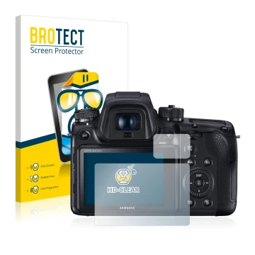 Front side of a product packaging with the brand logo BROTECT. Next to it is the device Samsung NX1 shown with the correspondi
