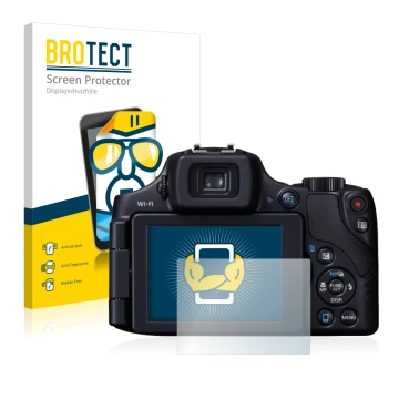 Front side of a product packaging with the brand logo BROTECT. Next to it is the device Canon PowerShot SX60 HS shown with the