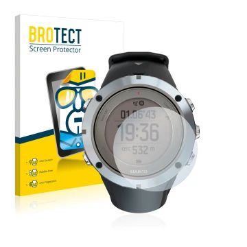 Front side of a product packaging with the brand logo BROTECT. Next to it is the device Suunto Ambit3 Peak Sapphire shown with