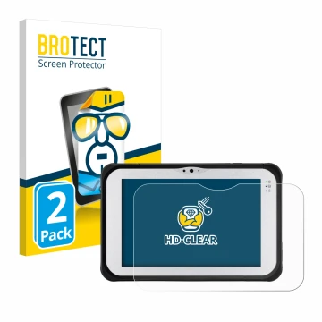 Front side of a product packaging with the brand logo BROTECT. Next to it is the device Panasonic Toughpad FZ-M1 shown with th