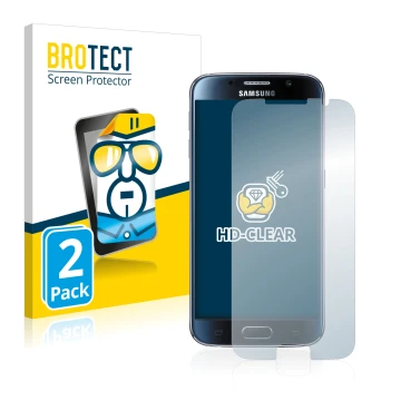 Front side of a product packaging with the brand logo BROTECT. Next to it is the device Samsung Galaxy S6 shown with the corre