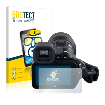 Front side of a product packaging with the brand logo BROTECT. Next to it is the device JVC GC-PX100BEU shown with the corresp