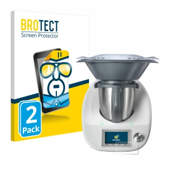 Front side of a product packaging with the brand logo BROTECT. Next to it is the device Vorwerk Thermomix TM5 shown with the c